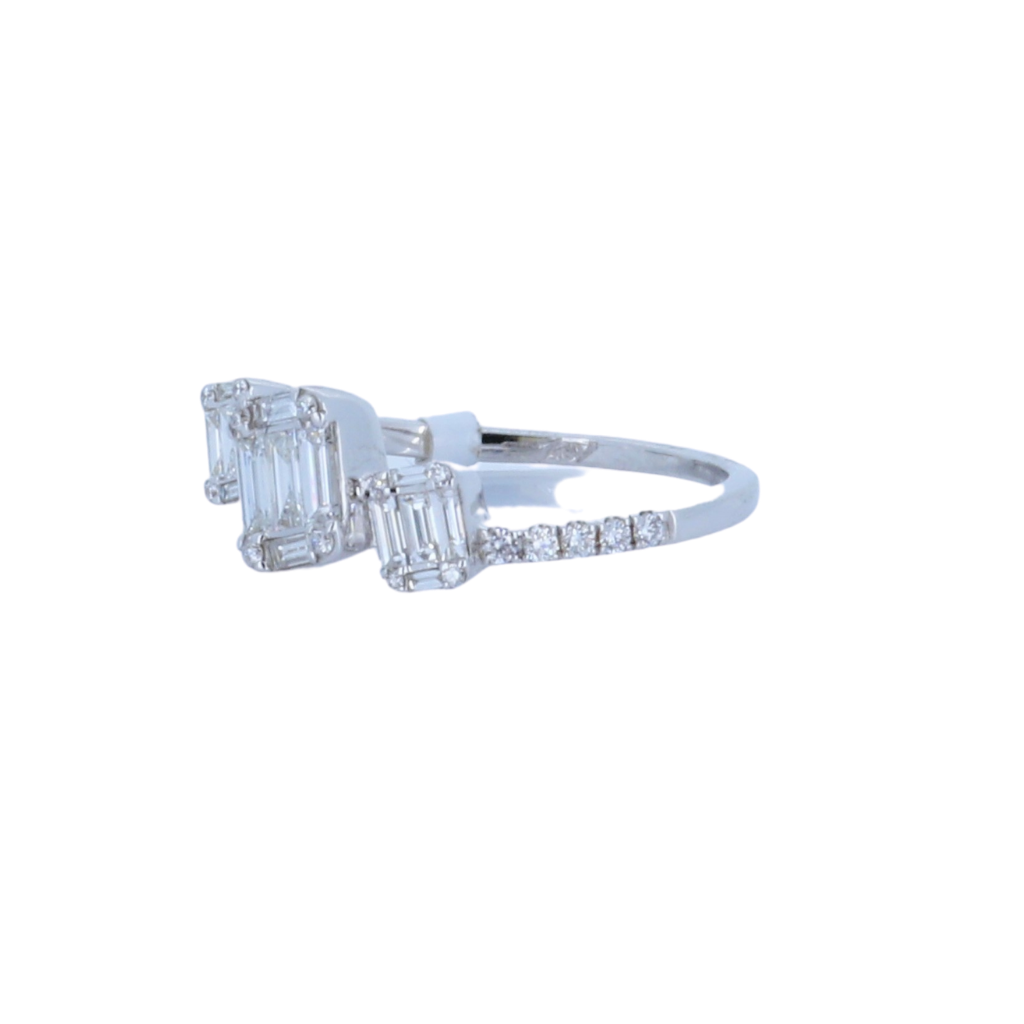 3 Stone Cluster Diamond Ring In 18Kt White Gold With Rounds and Baguettes Diamonds