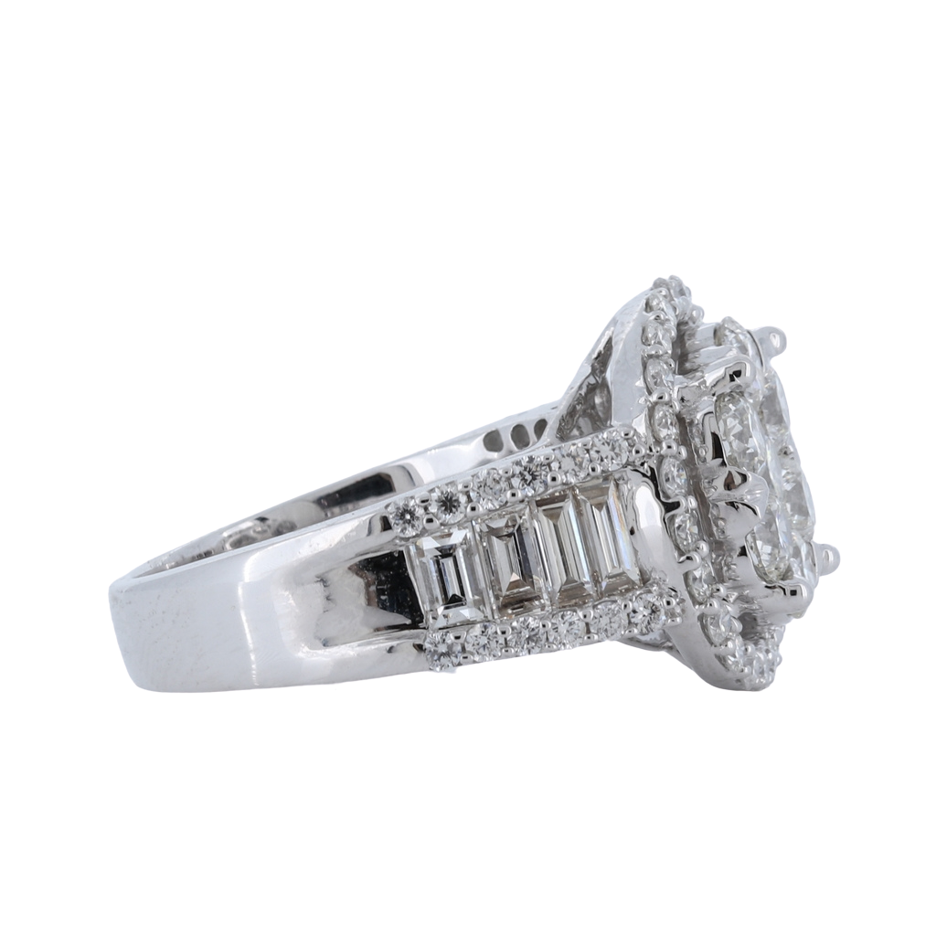 Diamond Cluster Ring With Surrounding Halo Of Round Diamonds And Step Baguette Diamonds On Side set in 14Kt White Gold