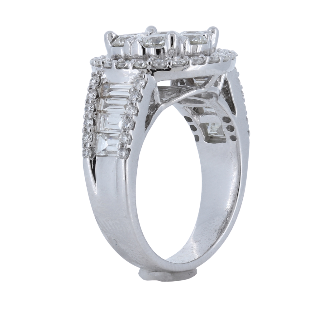 Diamond Cluster Ring With Surrounding Halo Of Round Diamonds And Step Baguette Diamonds On Side set in 14Kt White Gold
