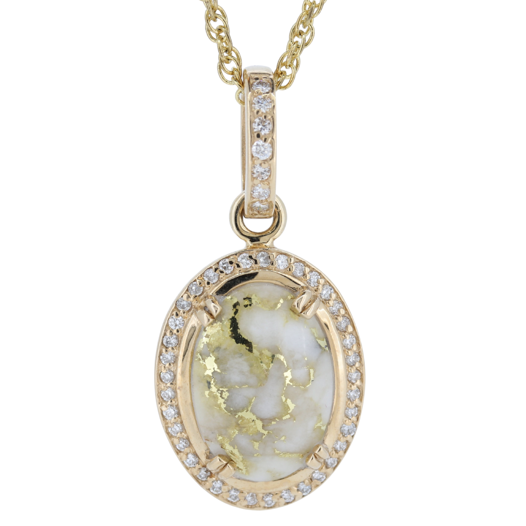 14K Yellow Natural Gold Quartz Pendant With 0.36Ct Diamonds