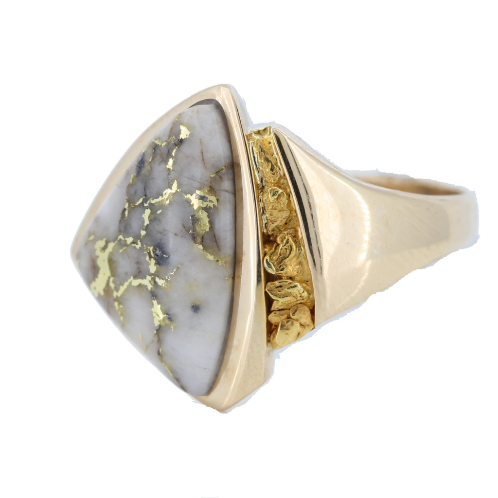 14K Yellow Gold Quartz & Gold Nugget Triangular Ring