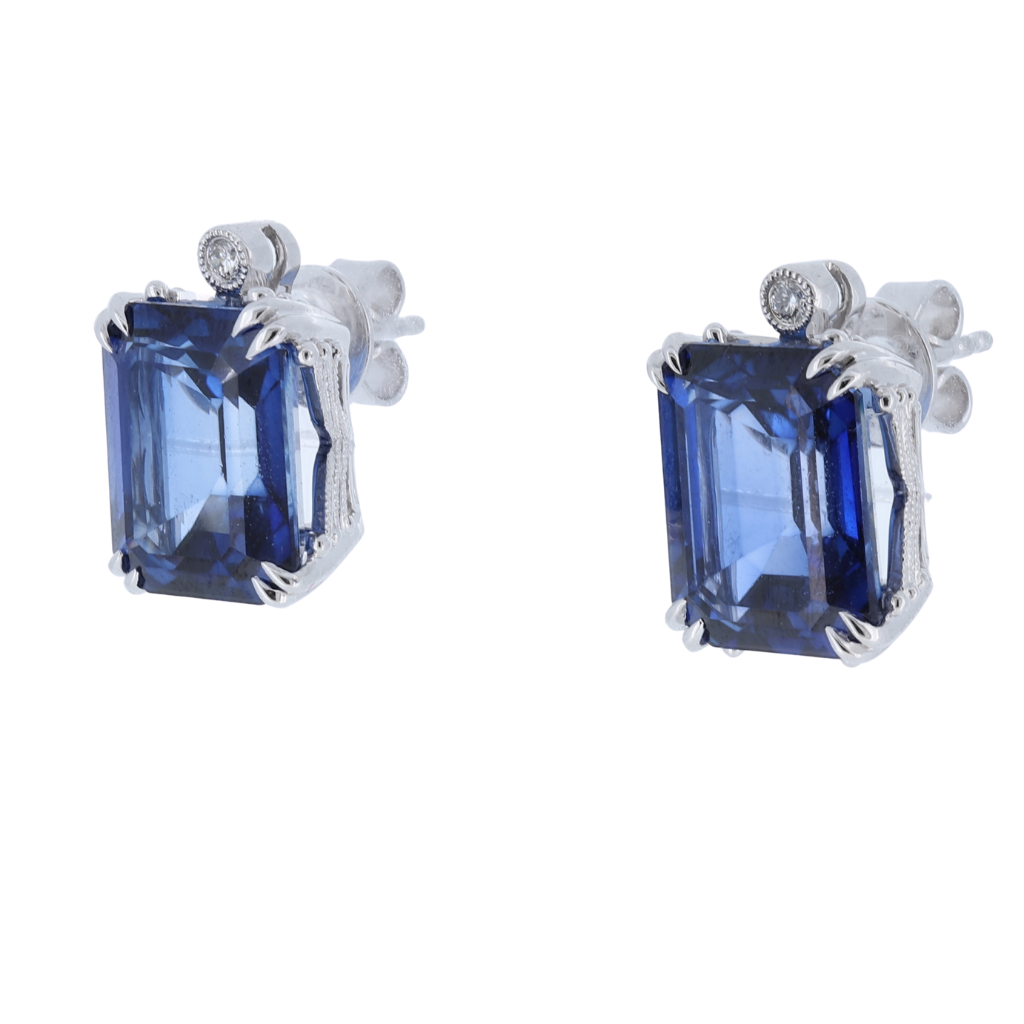 J'Adore Sapphire Stud Earrings With Milgrained Diamond Bezels In 14Kt White Gold