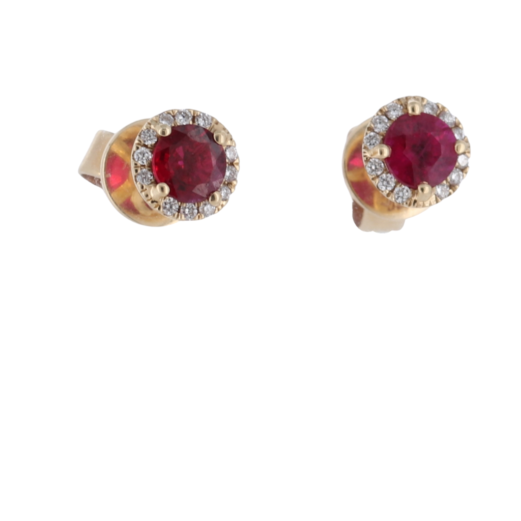 Round Ruby Halo Stud Earrings In 14Kt Yellow Gold