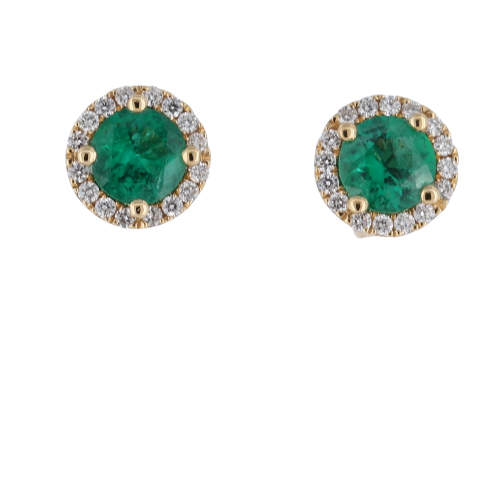 Round Natural Emerald Halo Stud Earrings In 18Kt Yellow Gold