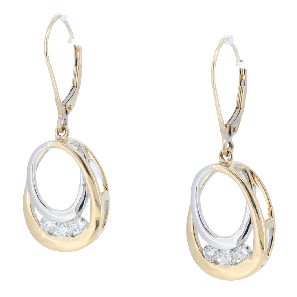 14Kt Two-Tone Oval Shape 3 Stone Channel Set Dangling Earrings