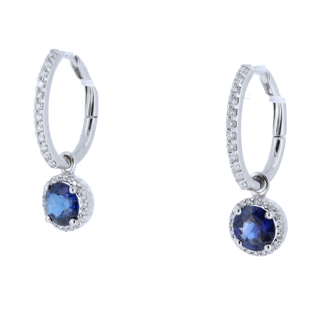 Sapphire And Diamond Halo Drop Earrings With Detachable Backs In 18Kt White Gold