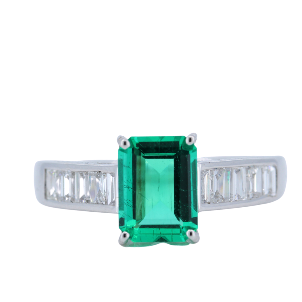 Emerald with Diamond Baguettes 14kt White Gold Ring
