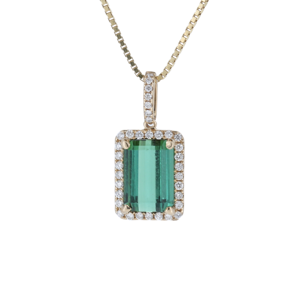 Emerald Cut Natural Green Tourmaline Pendant With Halo Setting, In 14Kt Yellow Gold