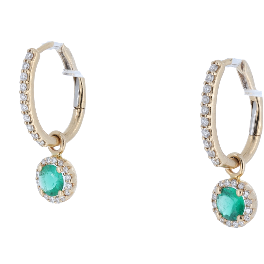 Emerald And Diamond Halo Drop Earrings With Detachable Backs In 14Kt Yellow Gold