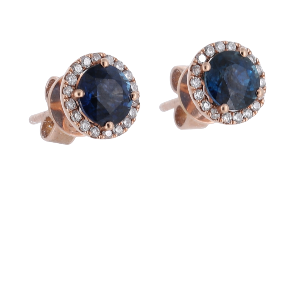 Round Sapphire Halo Stud Earrings In 14Kt Rose Gold