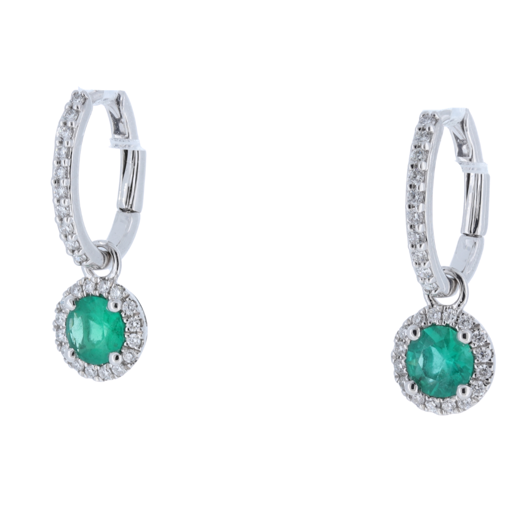 Emerald And Diamond Halo Drop Earrings With Detachable Backs In 14Kt White Gold