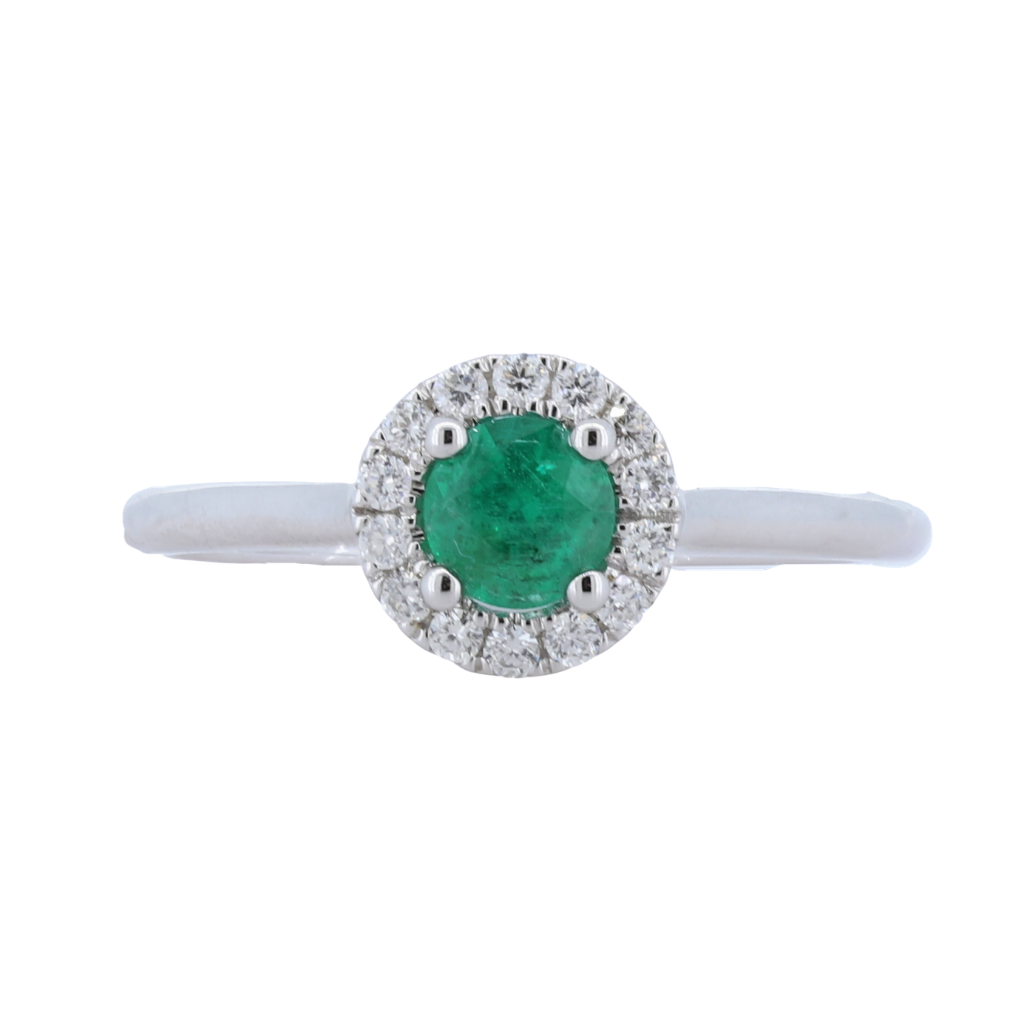 Round Emerald Halo Diamond Ring, In 14Kt White Gold