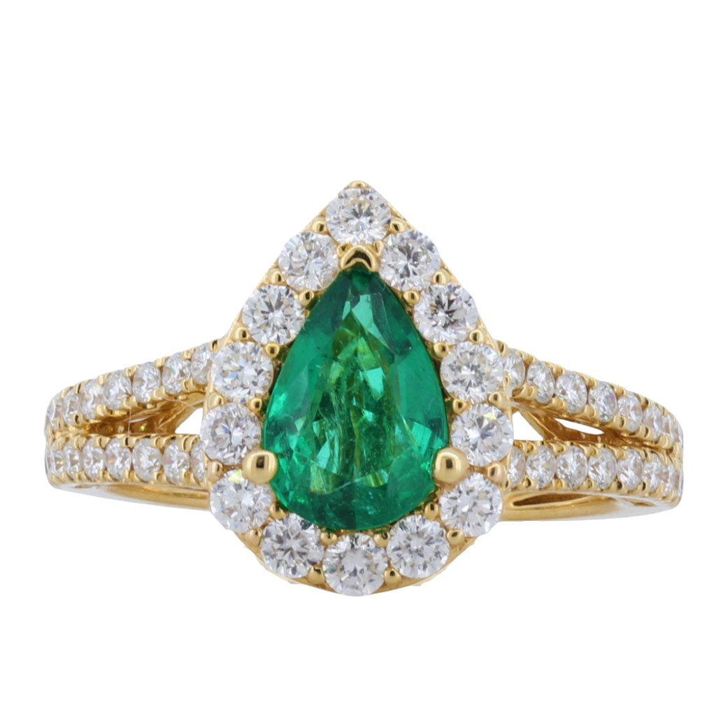 18Kt Yellow Gold Emerald Halo Diamond Ring With Split Shank Diamond Accents