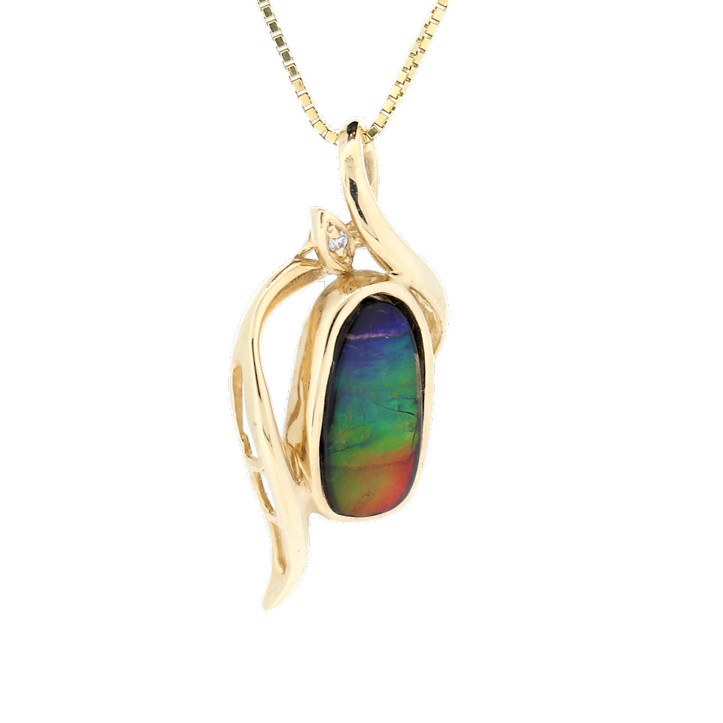 14kt Yellow Gold Free Form Shape Ammolite And Diamond Pendant Dia0.01Ct