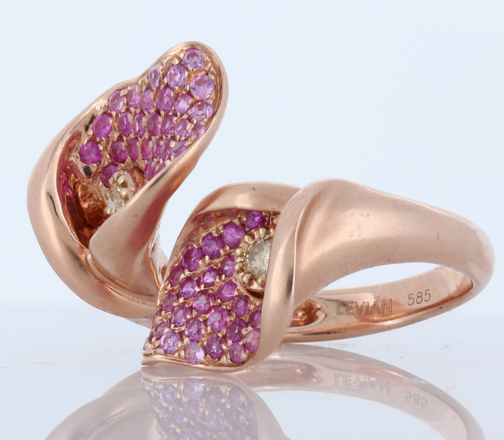 14Kt Strawberry Gold Ring With Pink Sapphires 0.89Cts And White Diamond 0.14Cts