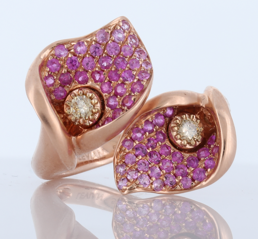 14Kt Strawberry Gold Ring With Pink Sapphires 0.89Cts And White Diamond 0.14Cts