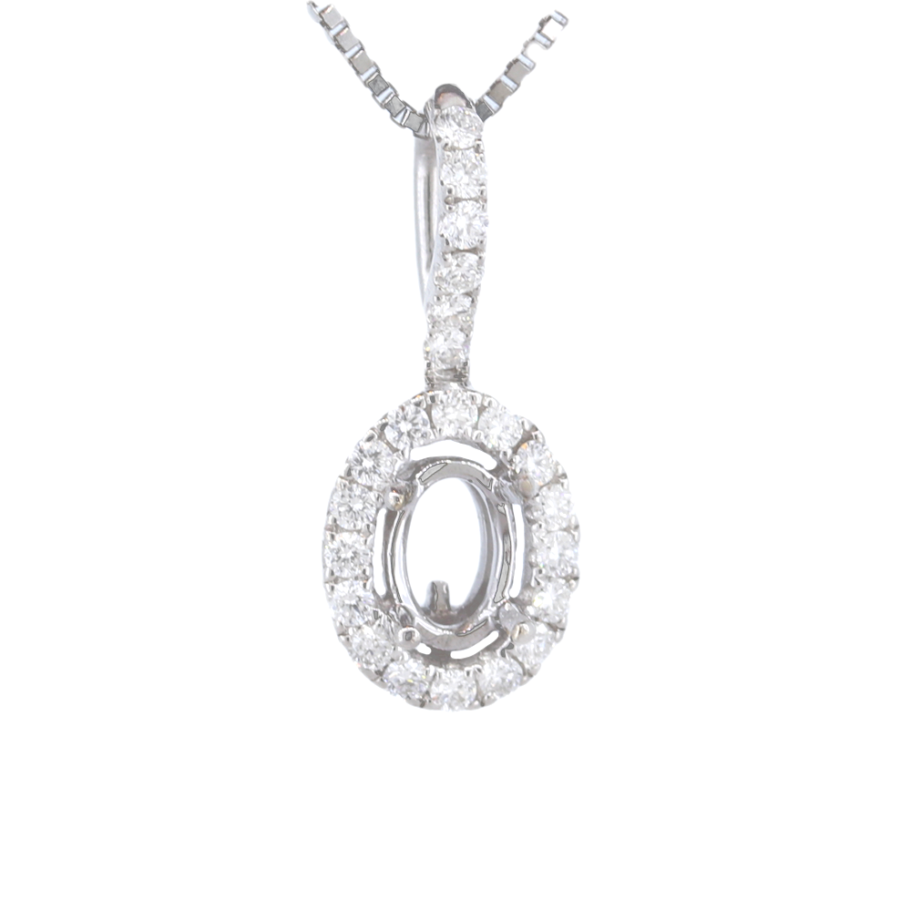 18K White Gold Diamond Pendant Setting With Oval Halo And Accent Diamonds  D-0.25 PND-Sm