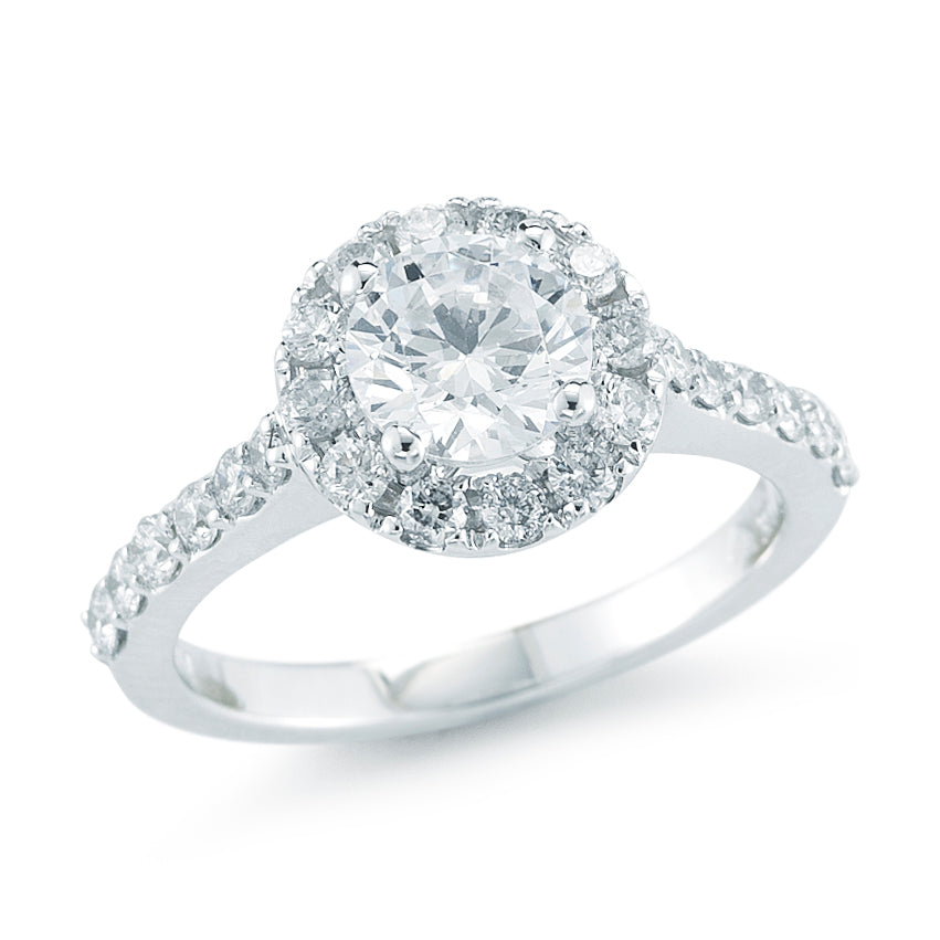 Round Halo Diamond Engagement Ring made in 14k White gold