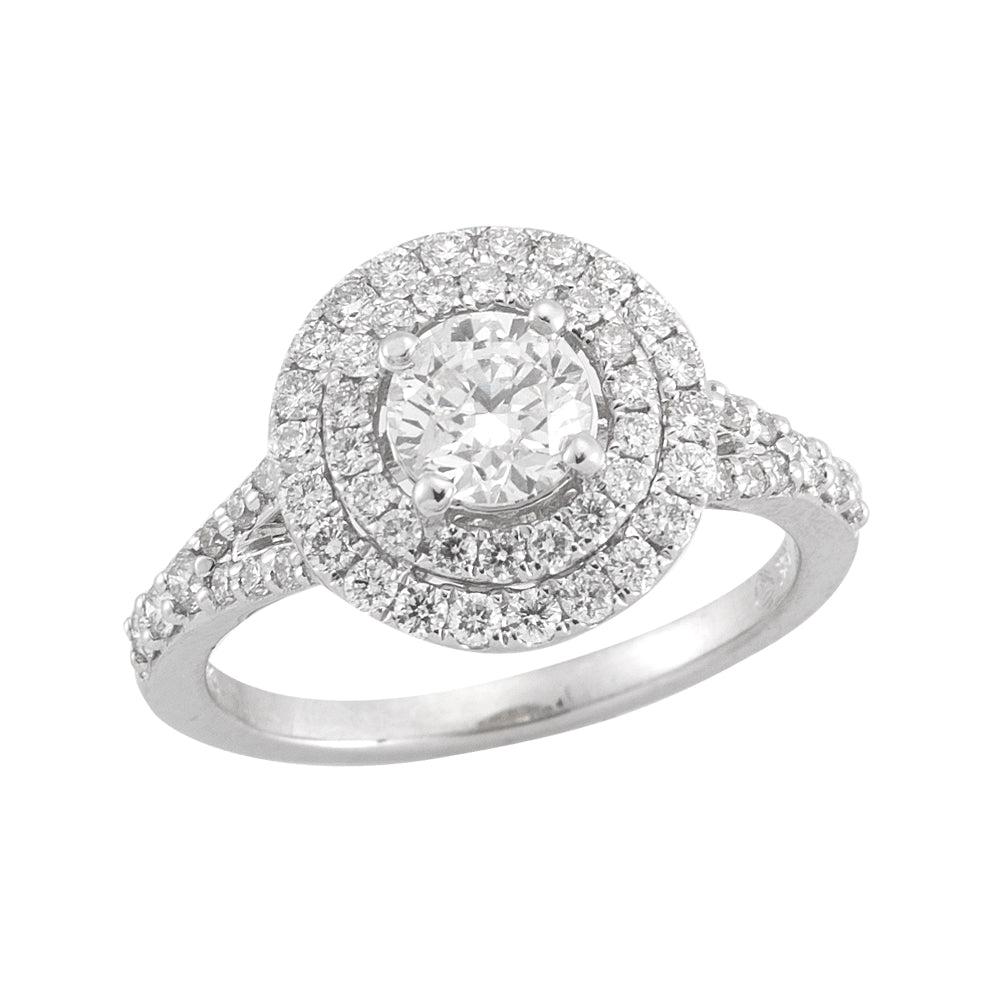 Double Halo Diamond  Engagement Ring made in 14k White gold-Round