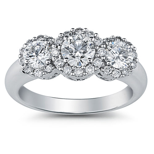 Three Stone Halo Plain Shank Diamond Engagement Ring made in 14k White gold-Round