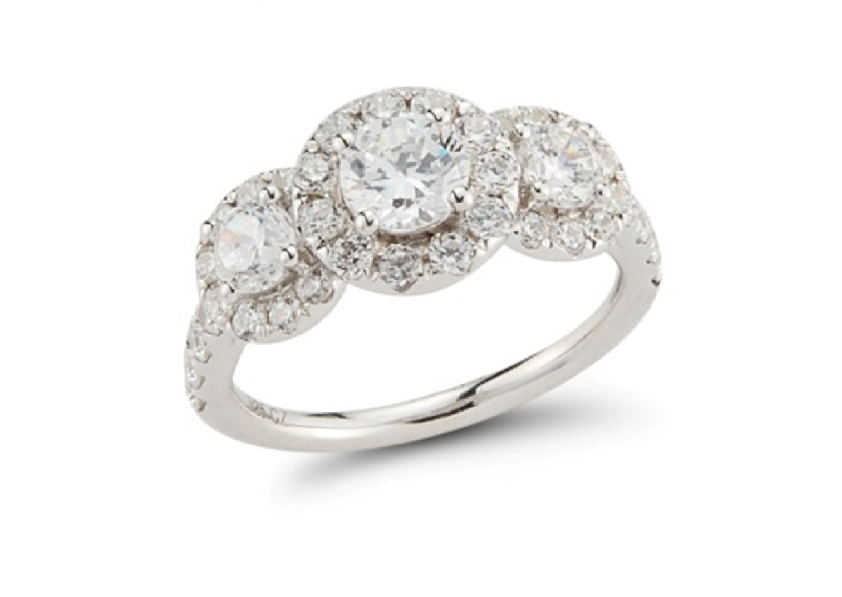 Three Stone Halo Diamond Engagement Ring made in 14k White gold-Round