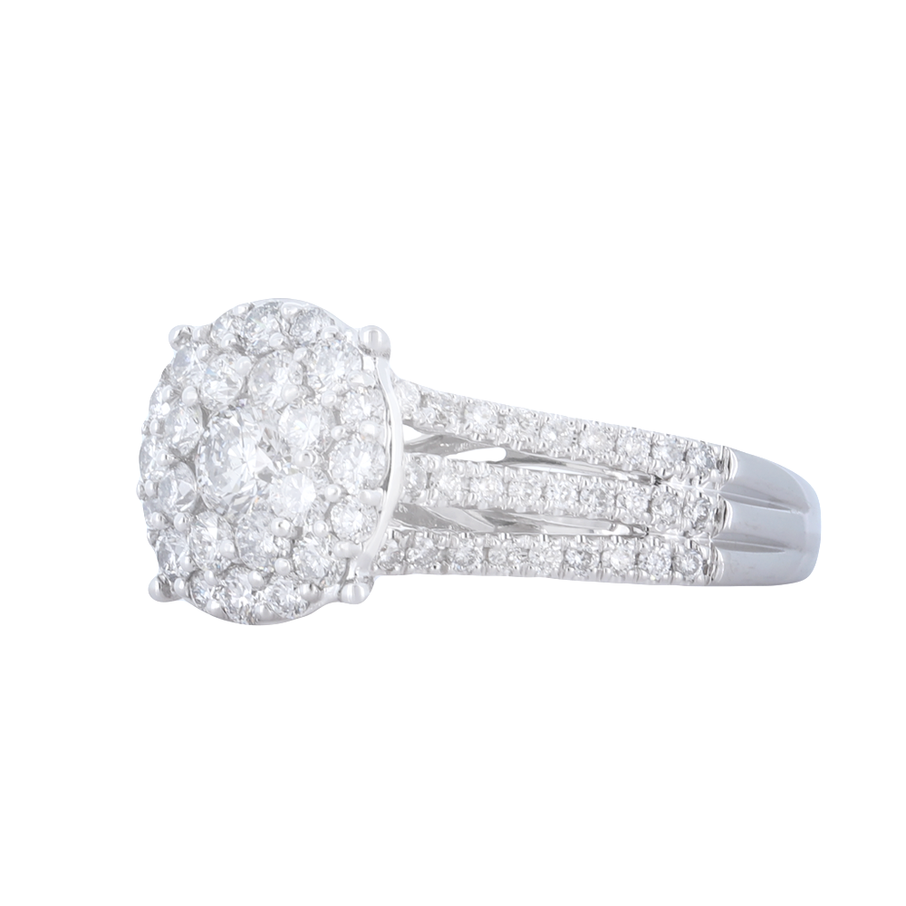 Diamond Cluster Engagement Ring In 14K White Gold, 1.26 Carat.