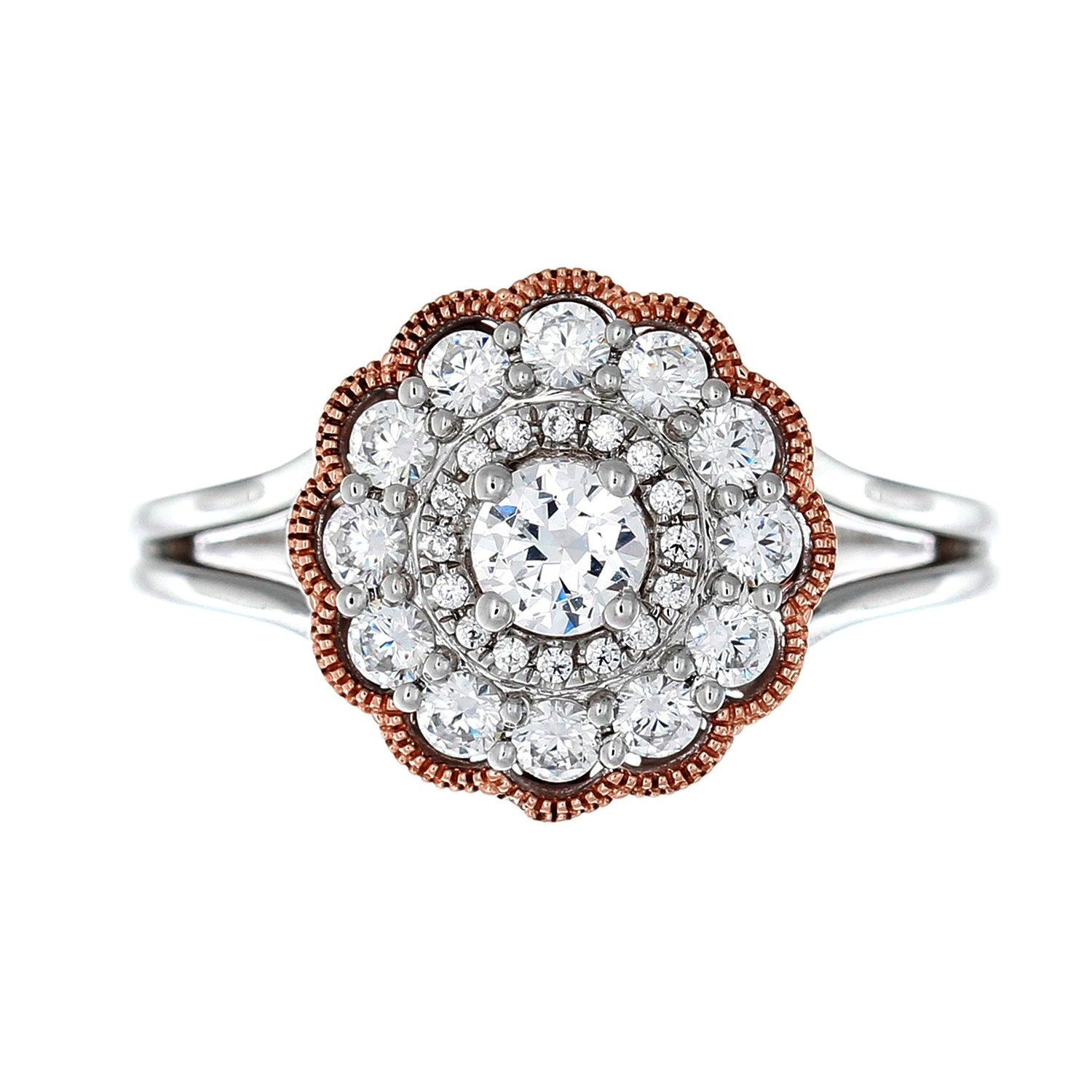 Rose Vintage Halo Diamond Engagement Ring made in 14k White and Rose gold-Round