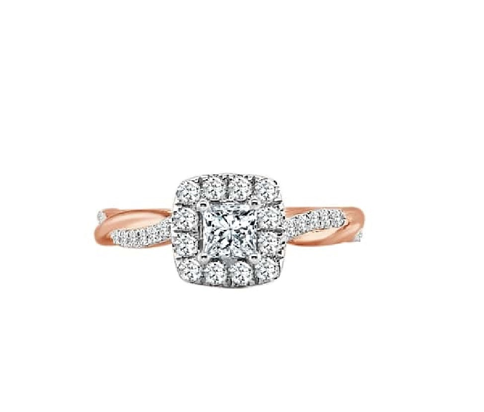 Halo Twist Diamond Ring made in 14k White and Rose gold-Princess