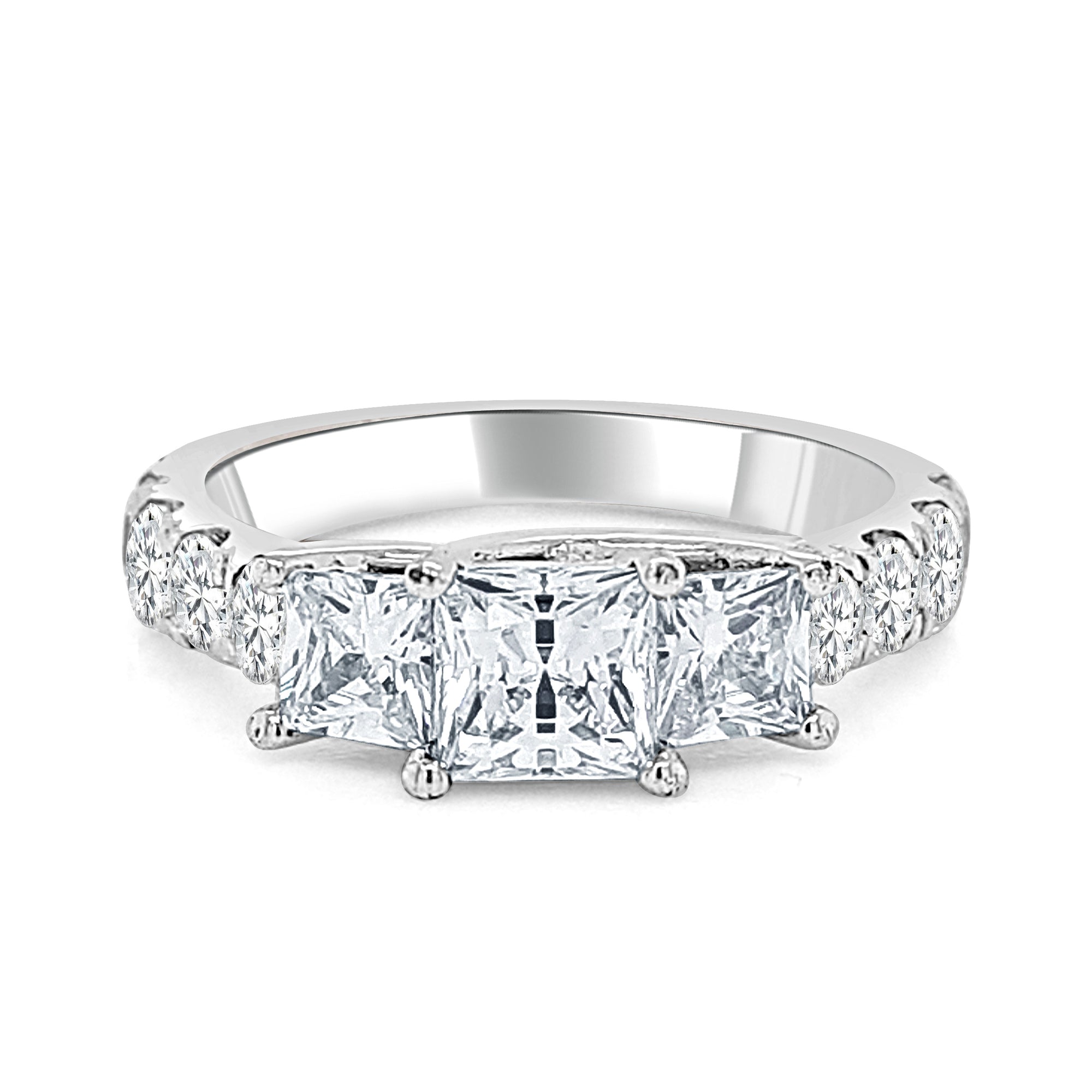 Three Stone Fancy Prong Set Diamond Engagement Ring made in 14k White gold-Princess