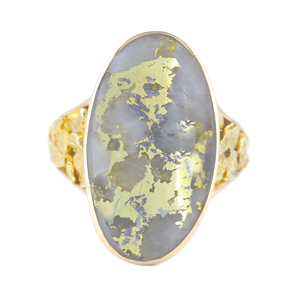 14K Yellow Gold Quartz & Gold Nugget Elongated Oval Ring