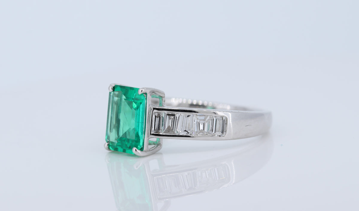 Emerald with Diamond Baguettes 14kt White Gold Ring