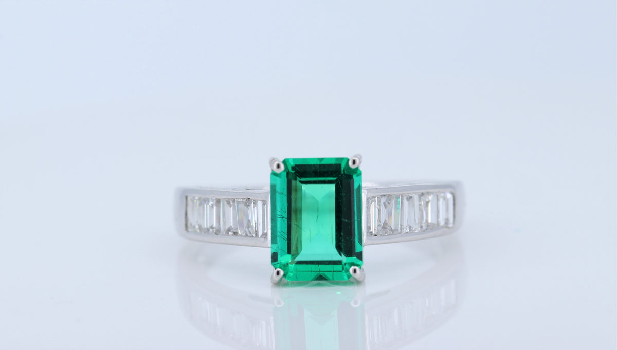 Emerald with Diamond Baguettes 14kt White Gold Ring