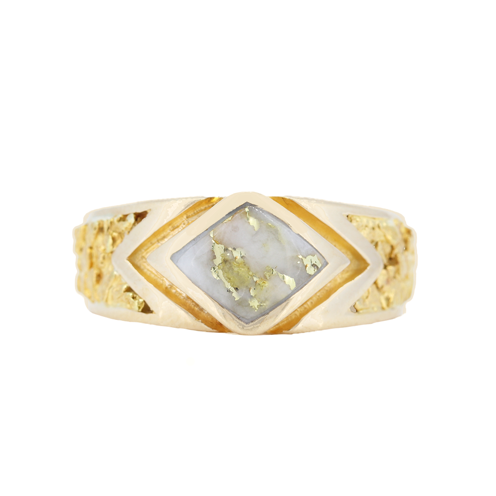 14K Yellow Gold Quartz Square Shape Inlay & Gold Nuggets Ring