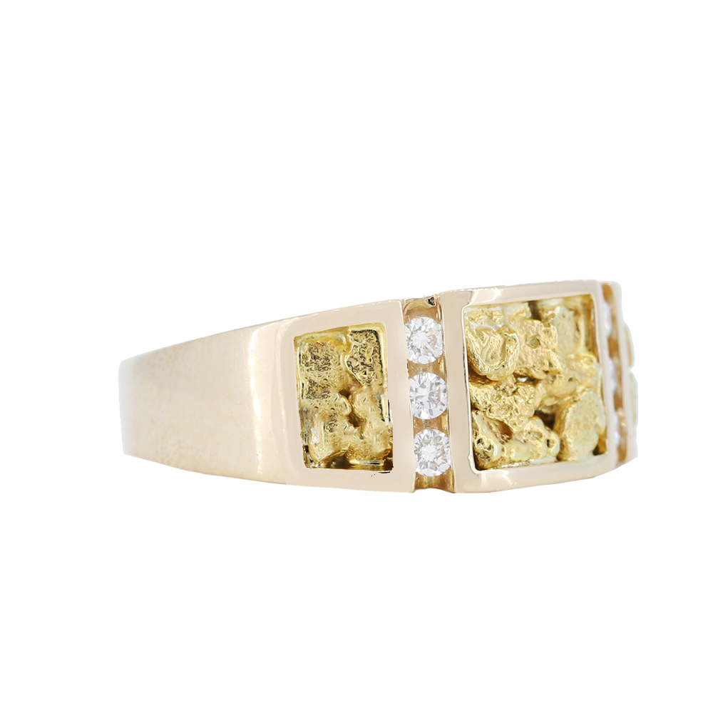 14K Yellow Men's Gold Nugget Ring With 0.18Ct Diamonds