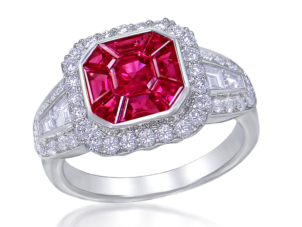 Ladies 1.45Cts Ruby and .75Cts Diamond Ring Set In 18Kt White Gold