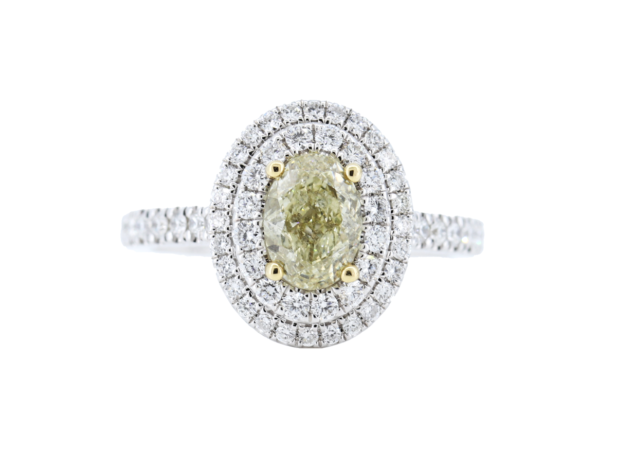 Oval Yellow Diamond Halo Engagement Ring in 18K Gold – GAI Certified.