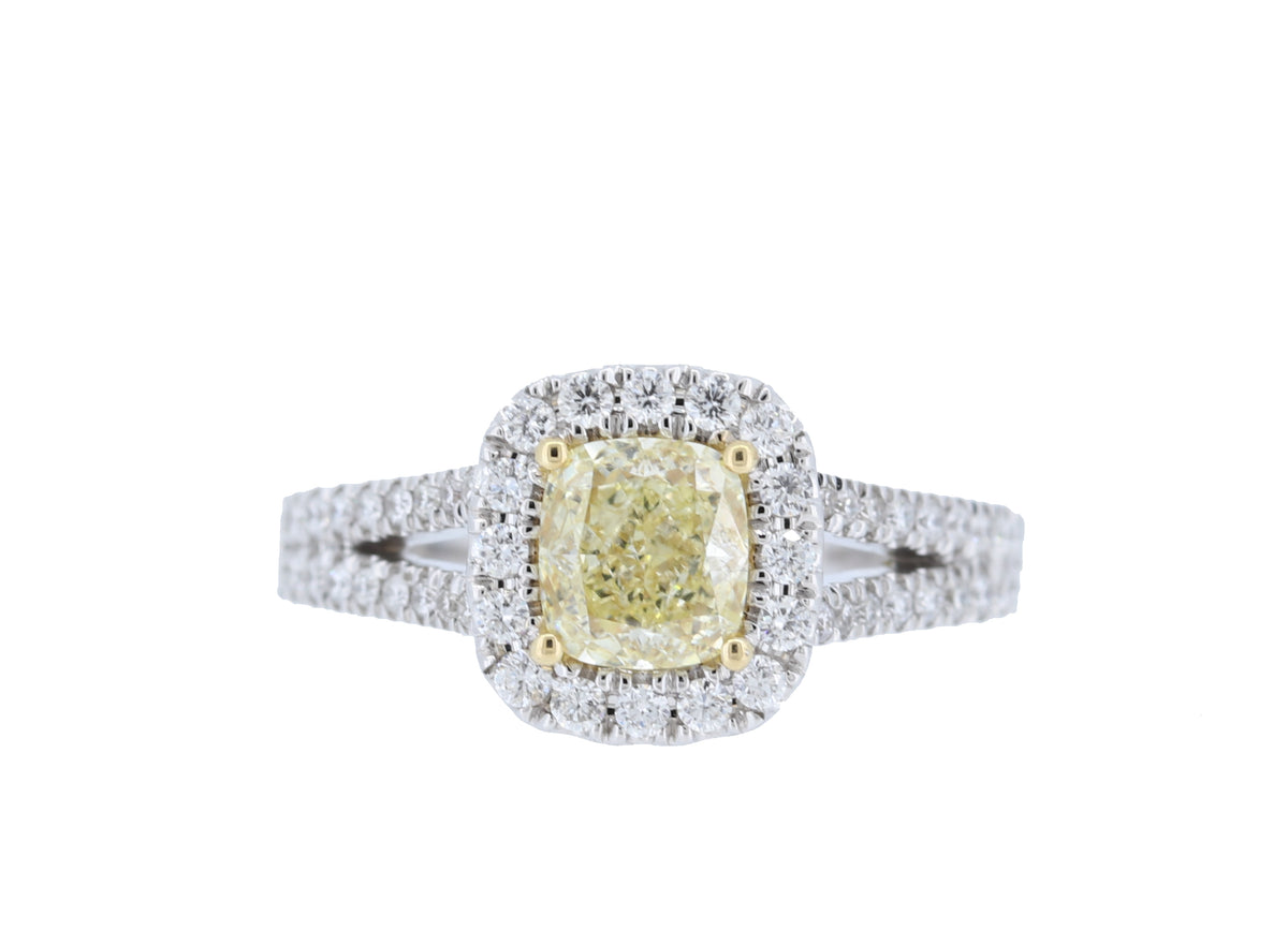 1ct. Fancy Yellow Diamond Halo Engagement Ring in 18K Gold – GAI Certified.