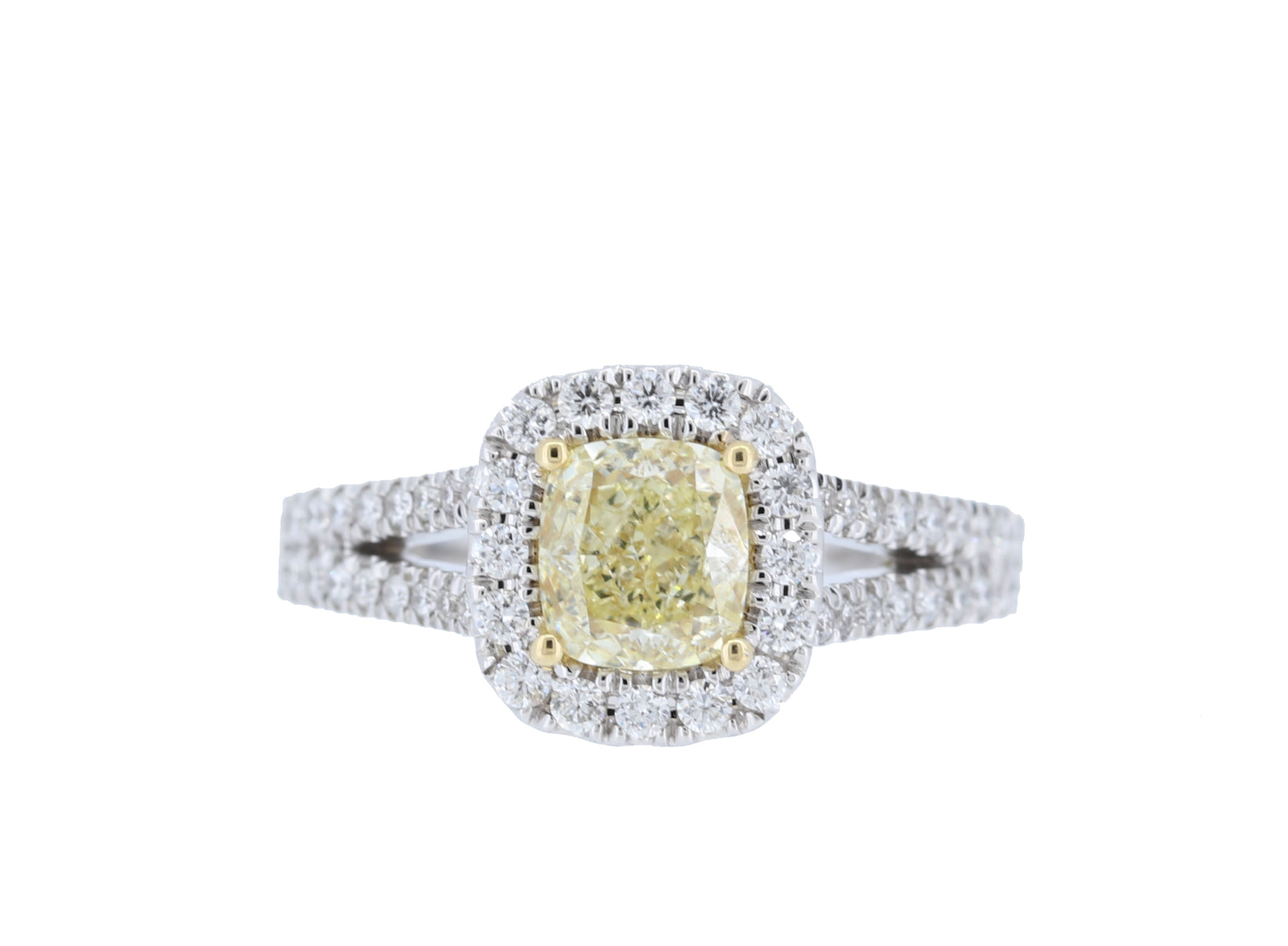 1ct. Fancy Yellow Diamond Halo Engagement Ring in 18K Gold – GAI Certified.