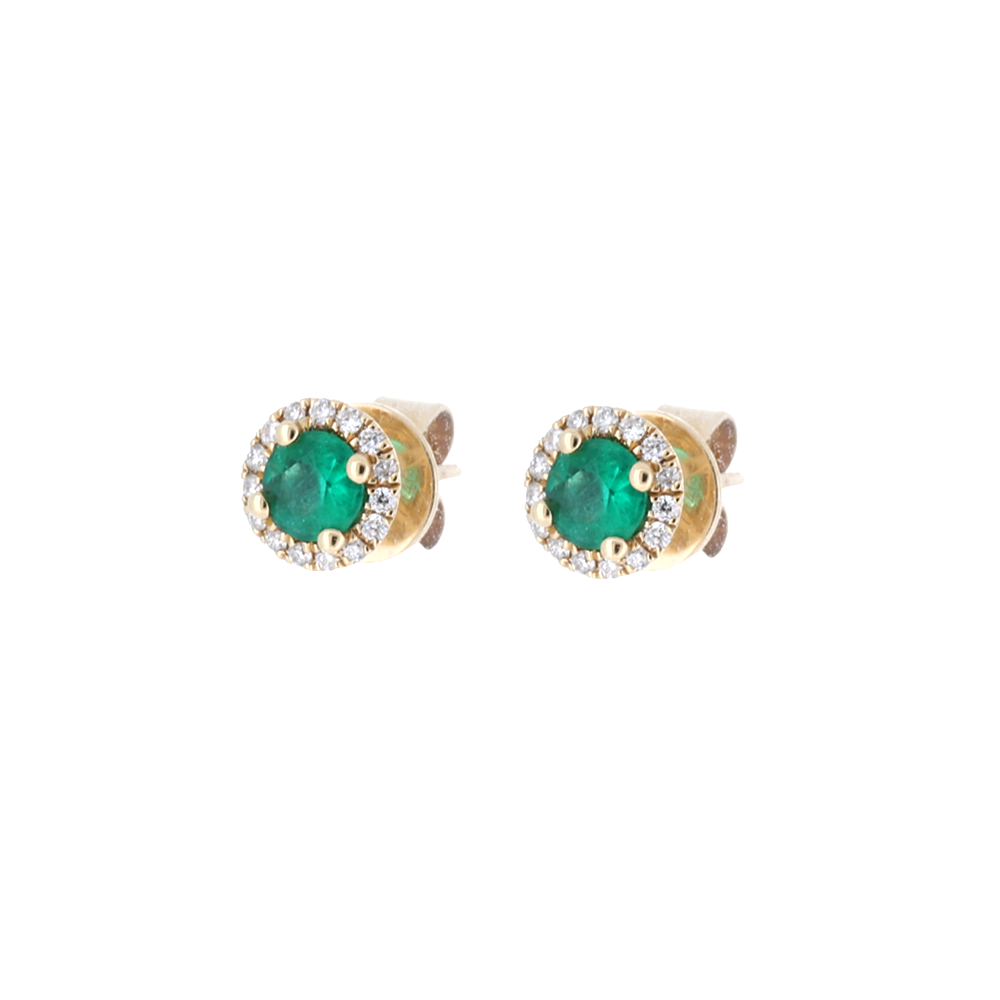 Round Natural Emerald Halo Stud Earrings In 14Kt Yellow Gold