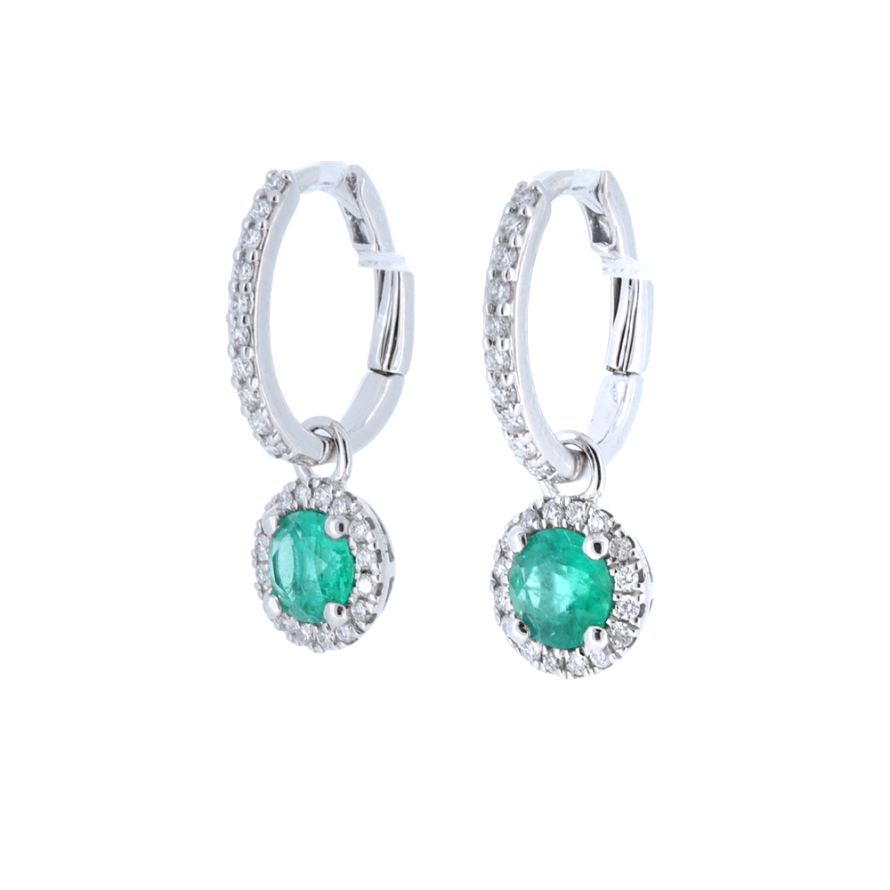 Emerald And Diamond Halo Drop Earrings With Detachable Backs In 14Kt White Gold