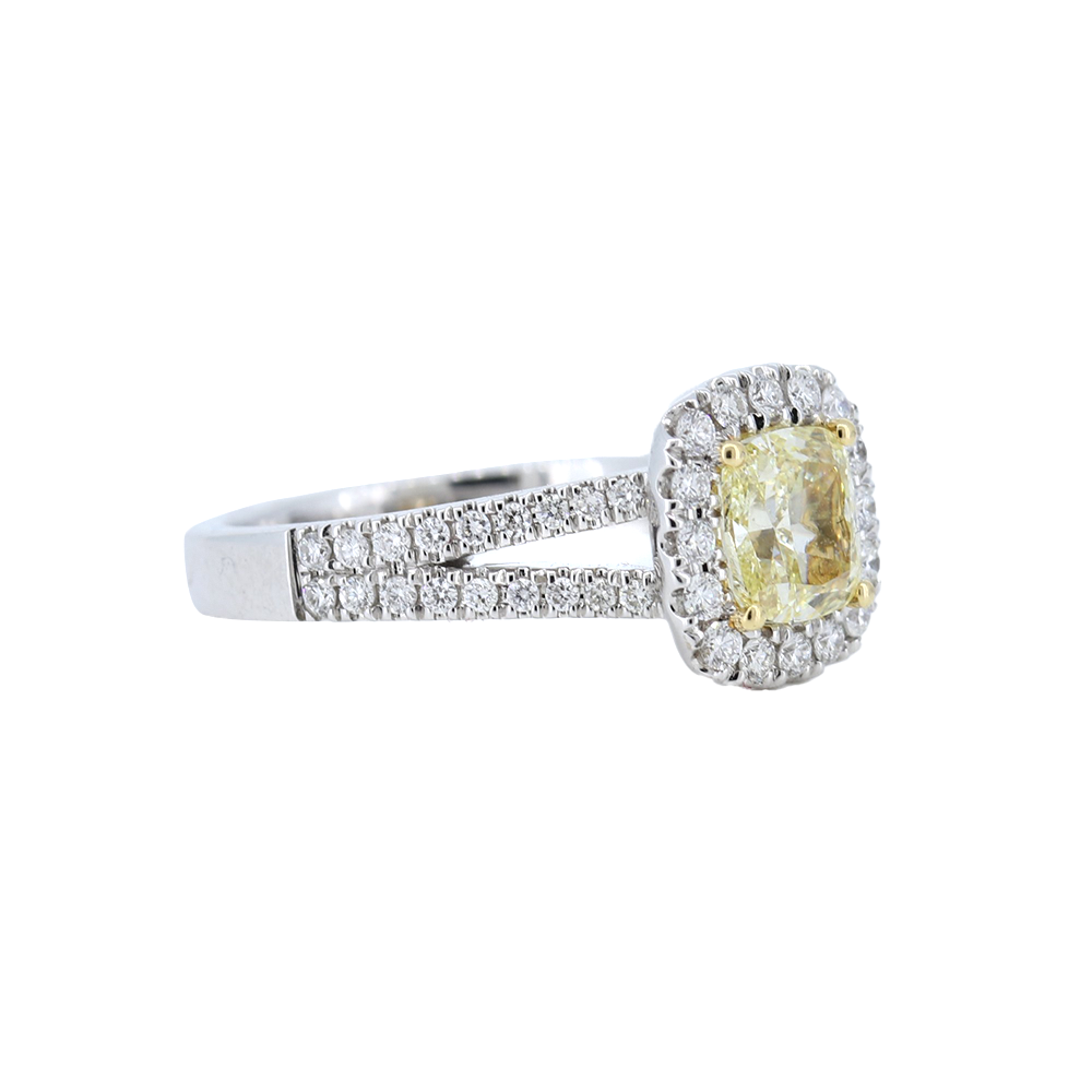 1ct. Fancy Yellow Diamond Halo Engagement Ring in 18K Gold – GAI Certified.