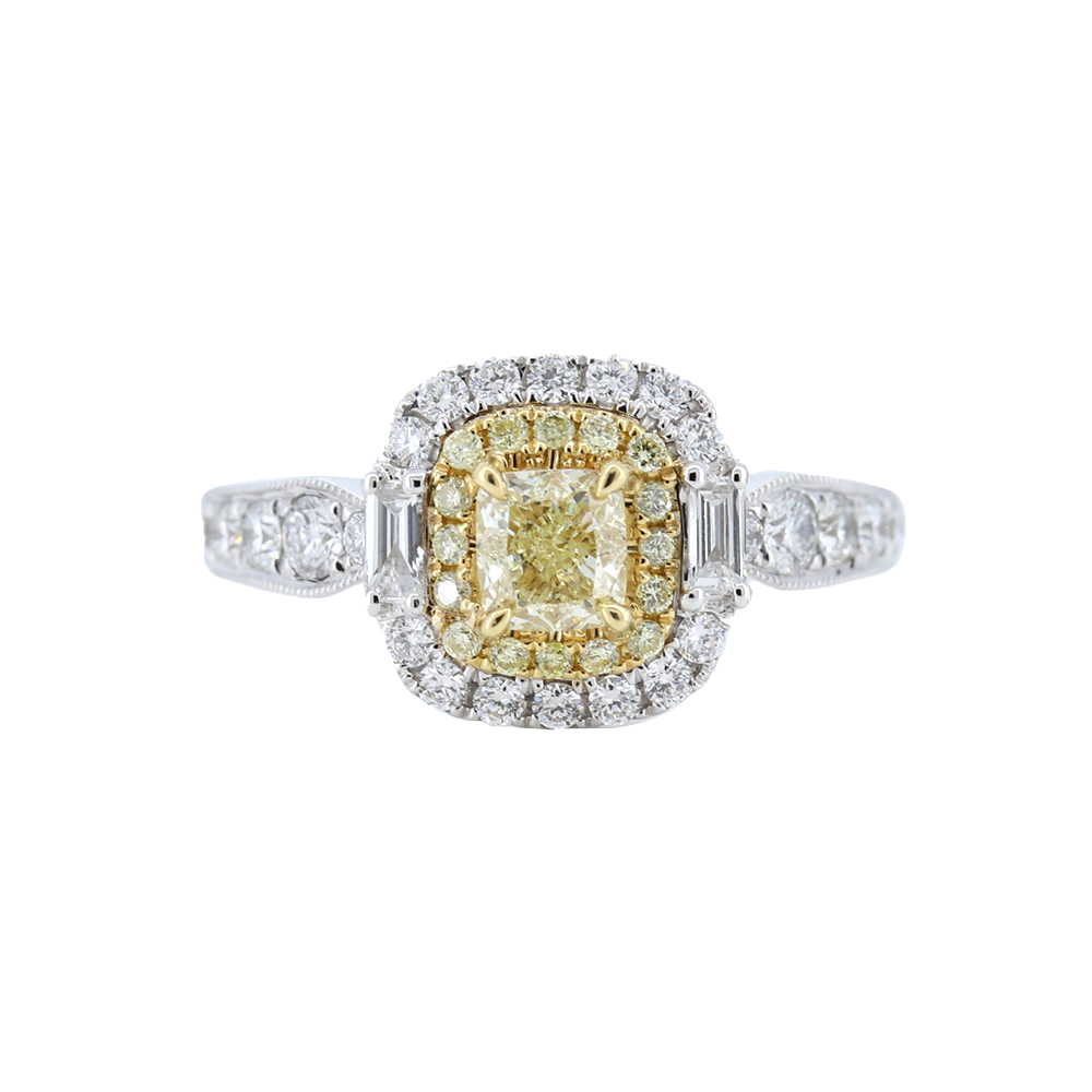 18Kt. White Gold Ring with a cushion-cut fancy yellow diamond, double frame, 0.83ct.