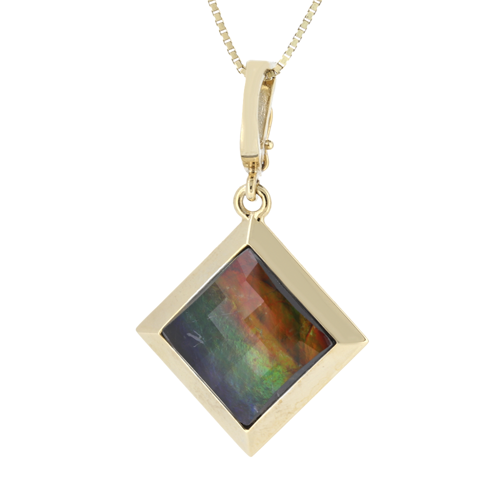 Rhombus Ammolite Enhancer Pendant, Faceted Crystal In 14K Yellow Gold