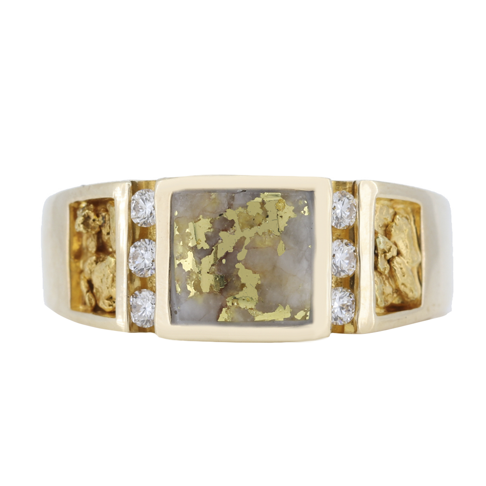 14K Yellow Gold Quartz &amp; Gold Nugget Ring With 0.18Ct Diamonds