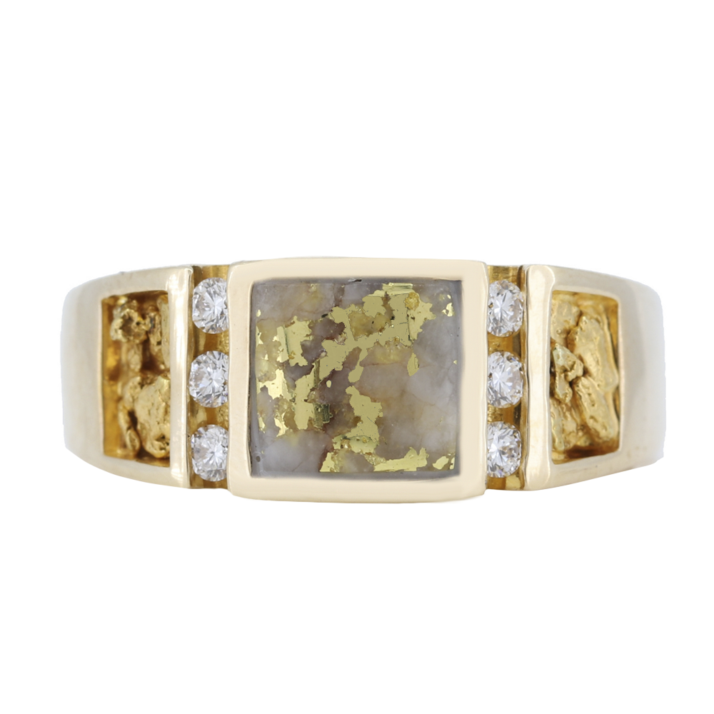 14K Yellow Gold Quartz & Gold Nugget Ring With 0.18Ct Diamonds