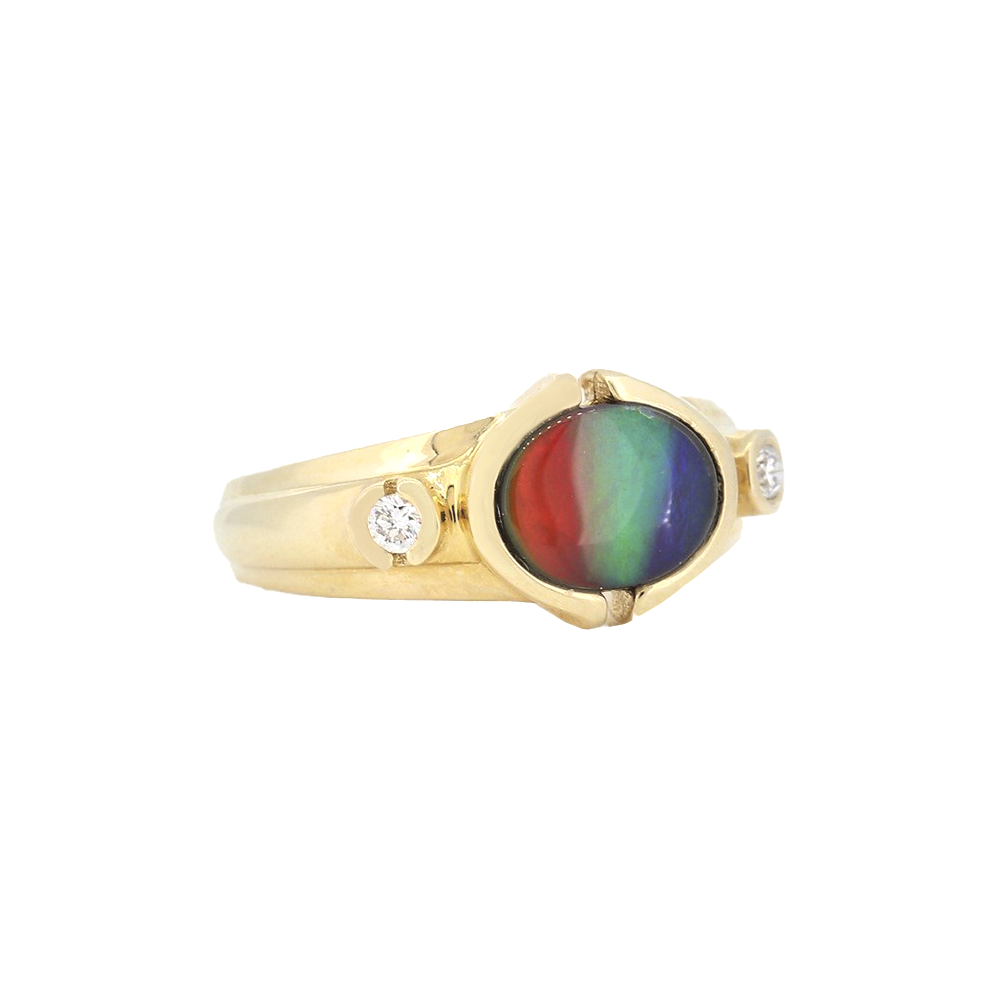 14kt Yellow Gold Oval Ammolite Semi Bezel Ring With Diamonds D0.14Ct