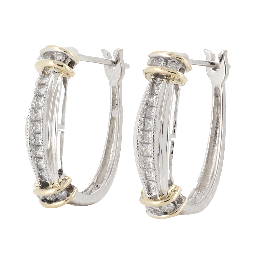 14K Two-Tone Princess And Round Diamond Earrings 1.10 Carat Diamonds.