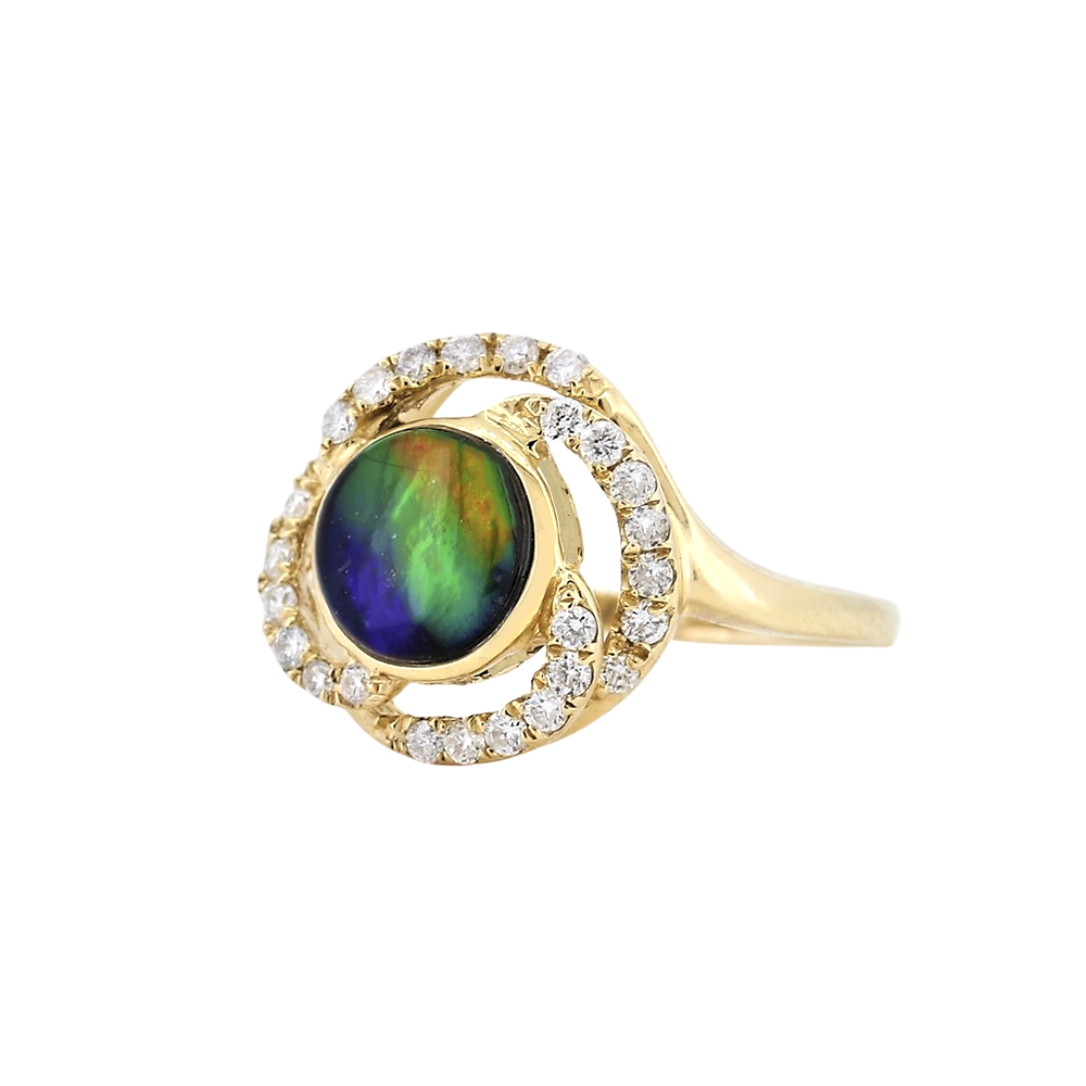 14kt Yellow Gold Round Ammolite Bezel Ring With Diamond Halo D0.47Ct