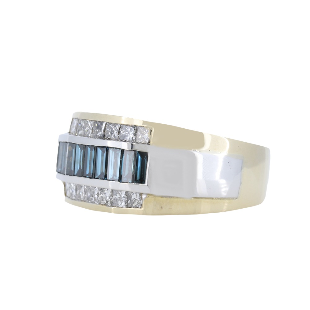 2.31 Carat Blue and White Diamond Mens Ring in 14k White & Yellow Gold