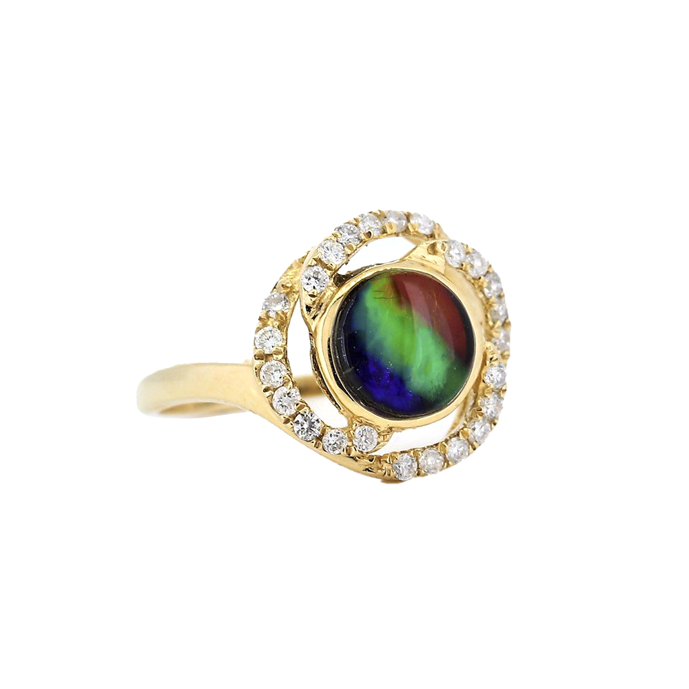 14kt Yellow Gold Round Ammolite Bezel Ring With Diamond Halo D0.47Ct